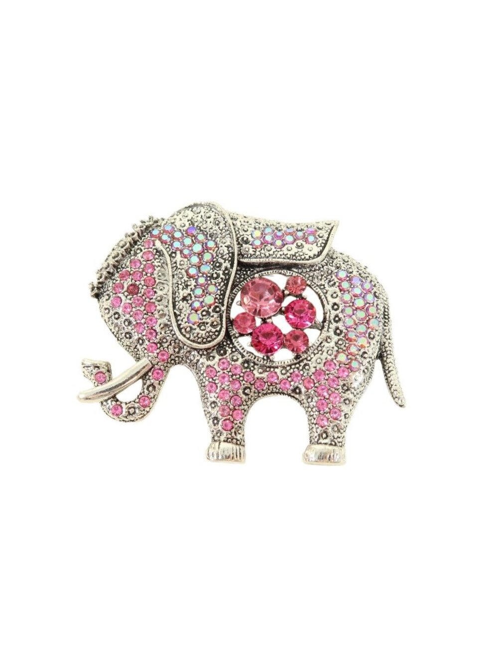 Silver Tone Pink Aurora Borealis Rhinestone Elephant Brooch Pin 2.5" Unsigned